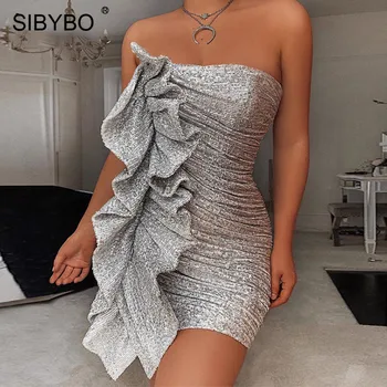 

SIBYBO Ruffles Sequins Strapless Sexy Party Dress Off Shoulder Sleeveless Summer Women Dress Backless Mini Beach Casual Dress
