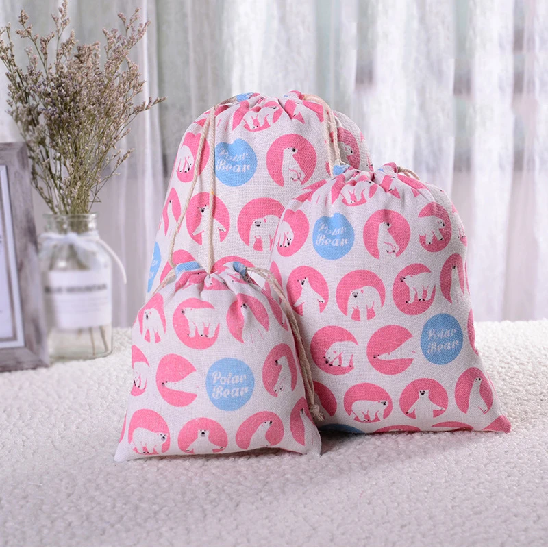 pink M Fashion Women Print Drawstring Bags Cotton linen Bag Reusable Drawstring Backpack Travel Home Sundries Underwear Storage Bag - Цвет: pink M