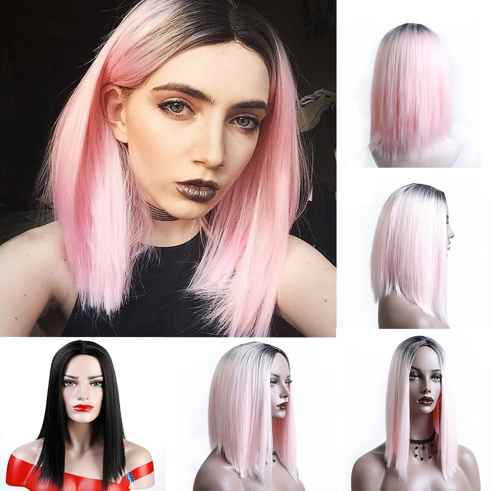 

Lupu Pink Black Short Straight Heat Resistant Synthetic 16 Inch Woman High Temperature Fiber Halloween Party Bob Wig