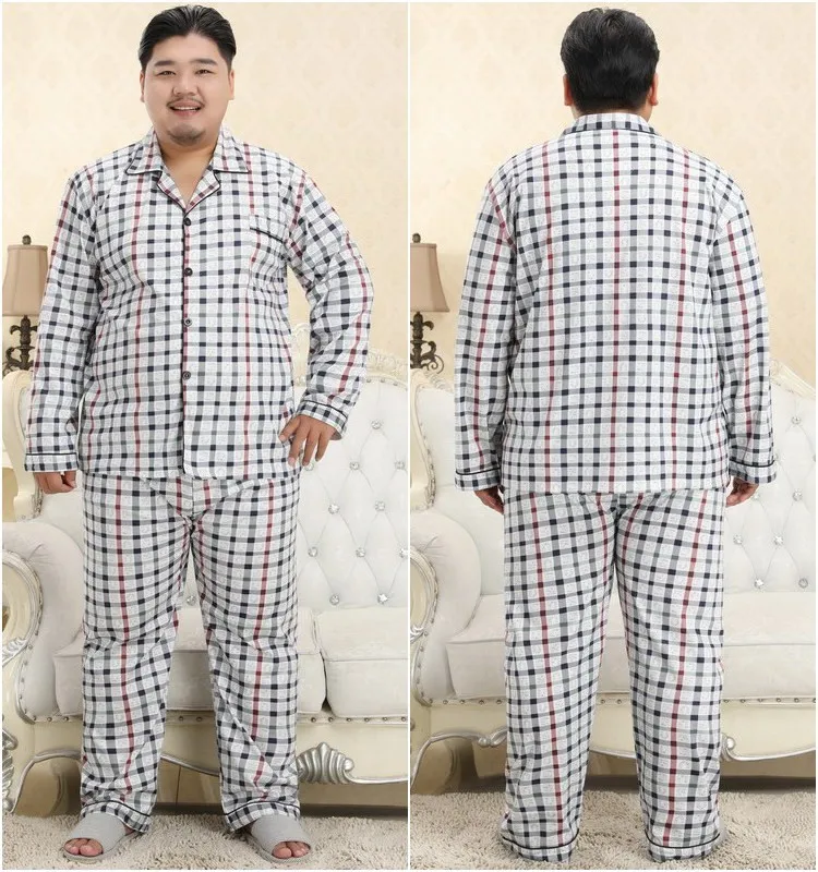 Трикотажные хлопковые Пижамные комплекты размера плюс 130 кг 5XL, Мужская Весенняя Новинка, одежда для сна, простая клетчатая Пижама, Повседневная Ночная одежда для мужчин