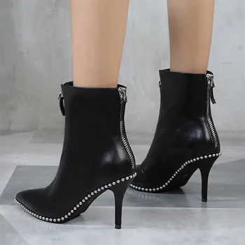 

Luxury Brand Design Rivet Zipper Women Boots Elegant Fashion Thin High Heels Lady Ankle Boots Platform Gladiator High Heels 8cm