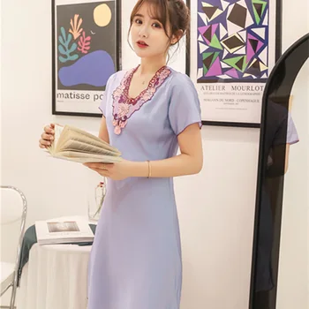 

Women Satin Sleepwear Silk Nightgown Half Sleeve Embroidery Nightdress Sexy Lingerie Ladies Slip Dress Plus Size Female Nightie