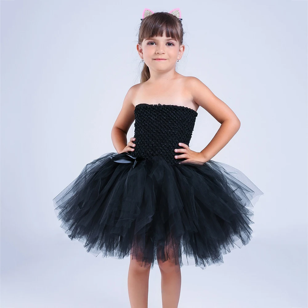 Черный костюм для хеллоуина с котом пышные Летние Платья До Колена Для девочек детское платье-пачка без рукавов с бантиком и ободок с ушками