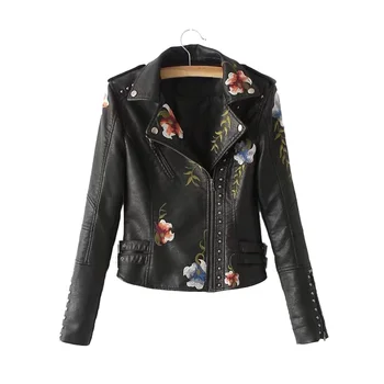 

Women Motorcycle Jacket 2020 New Spring Autumn Flower Embroidery Rivets Zipper PU Leather Short Jackets and Coats
