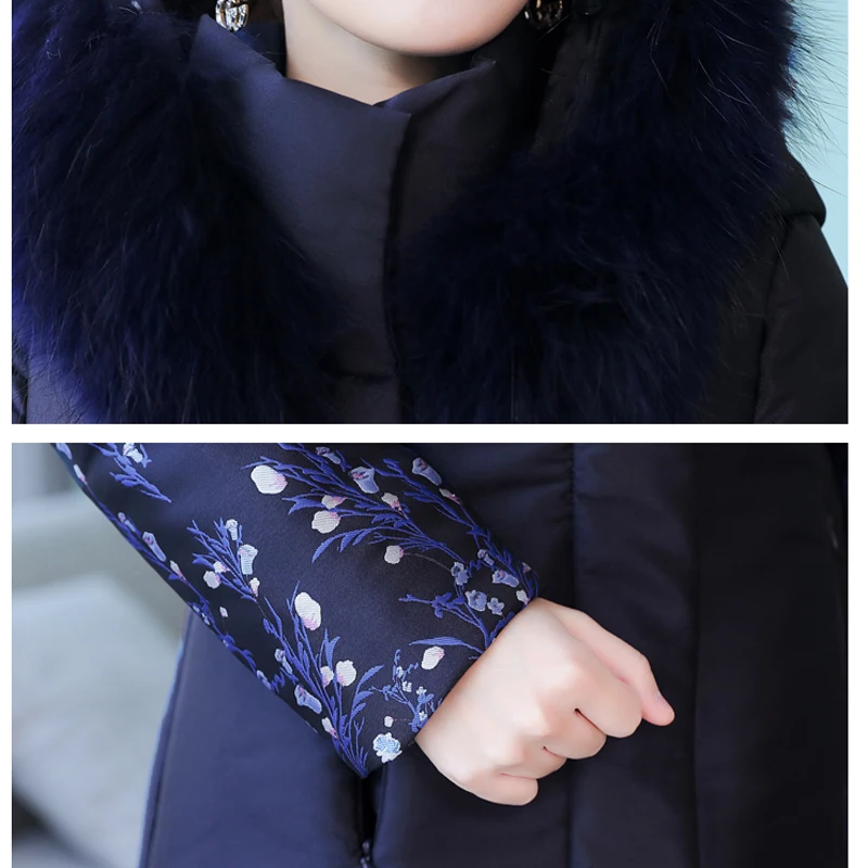 Зимняя парка пальто куртка для женщин Длинная толстая теплая с капюшоном плюс размер большой Элегантный принт жаккард темно-синий верхняя одежда тонкие пальто
