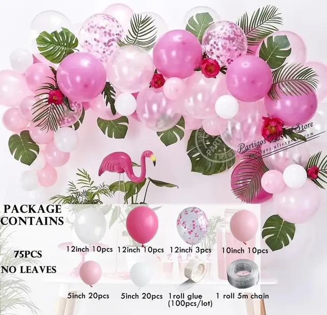 Mix Pink Flamingo Balloons Chain DIY Tropical Hawaii Island Theme Globos Garland Monstera Leaves Birthday Party New Year Decor 75pcs no leaf