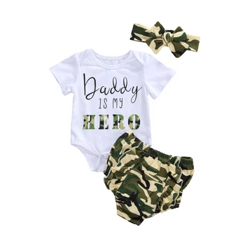

Pudcoco 2020 New 3Pcs Baby Summer Outfits Girls Short Sleeve Letters Romper Camo Shorts Headband Set