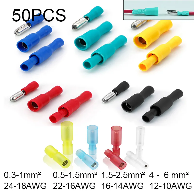 50Pcs-Isolated-Bullet-Contacts-Elelctric-Terminals-Crimp-for-Wire ...