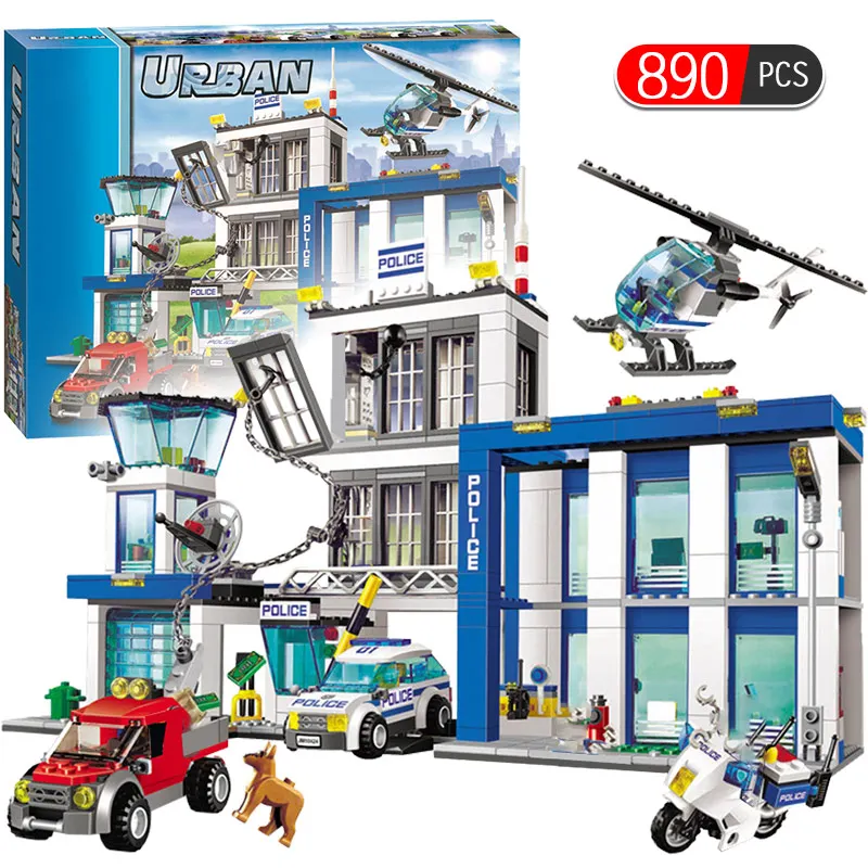 Ceny Miasto policji serii motocykl samochód helikopter Building Blocks kompatybilny legoinglys City Police Station DIY cegły zabawki