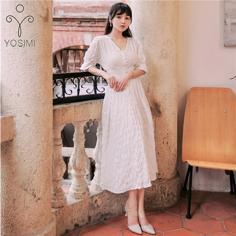

YOSIMI 2019 Summer White Long Dress Half Sleeve V-neck Mid-Calf Fit and Flare Cotton Women Dresses Office Lady Dress Vintage