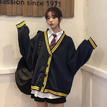 

Autumn Women Cardigan Coat Loose Patchwork Jackets College Wind Cardigan