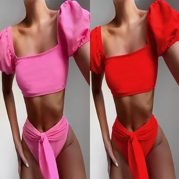 

Solid Color Sexy Swimsuit Bikini Women Short-sleeved Split Swimwear Female Bikinis Ladies Swimming Suit High Quality Beachwear