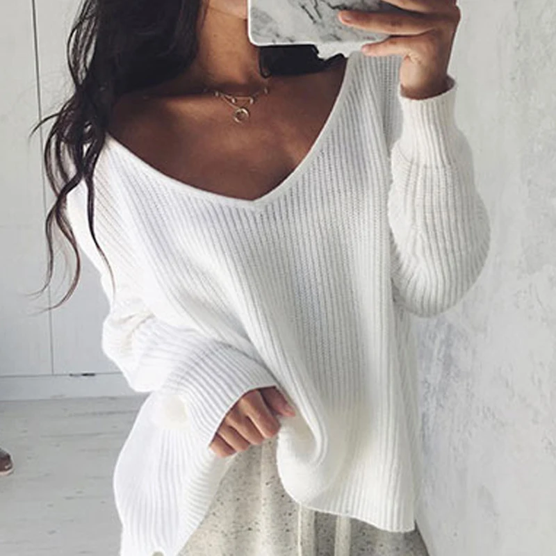 U-SWEAR 2020 New Fashion Winter Causal Loose Women Sweaters Deep V-neck Full Sleeve High Low Knitted Pullovers Solid Color Tops | Женская