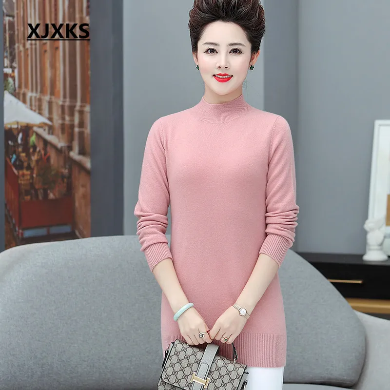 XJXKS winter new high-end wool women knitted dress loose plus size comfortable casual women turtleneck sweater - Цвет: Розовый