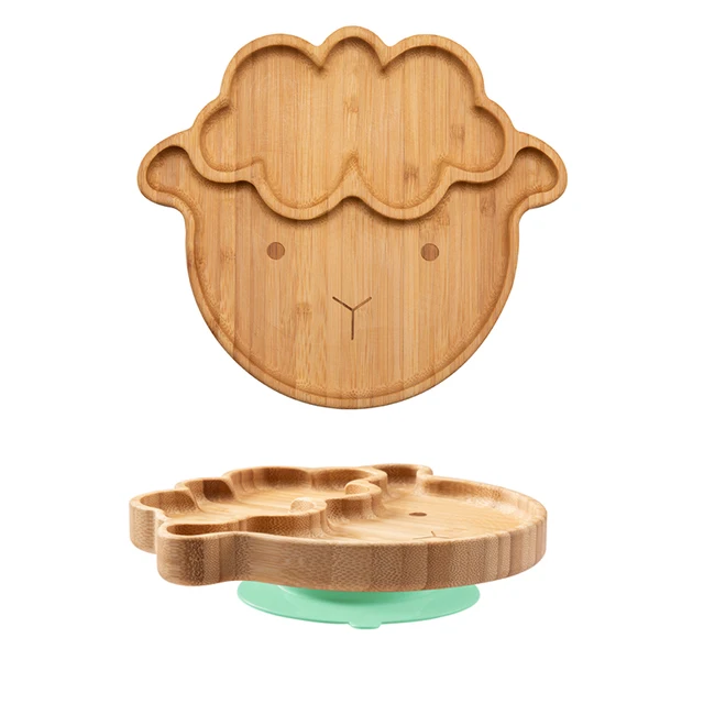 1PC Bamboo Wooden Dinnerware Baby Feeding Accessories Cartoon Animals Elephant Dinner Plate With Sucker Baby Products Gifts Sheep mint