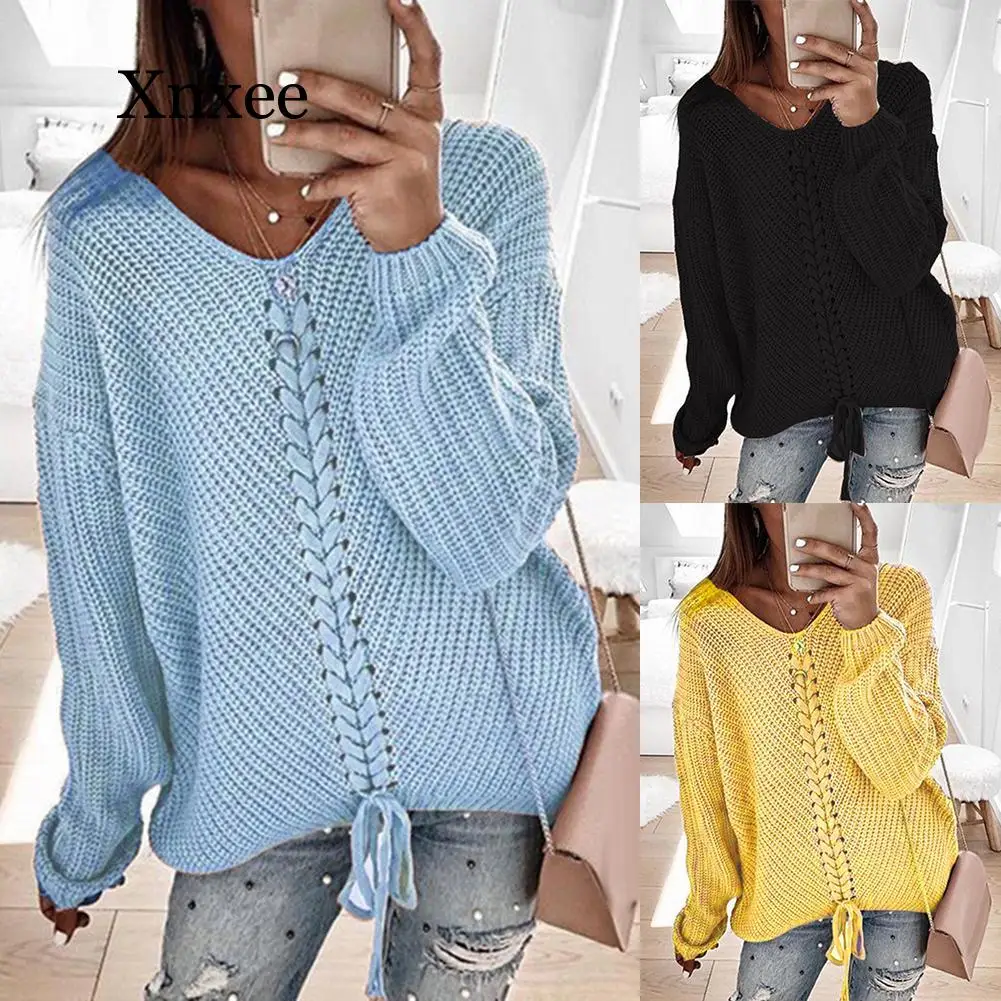 

Autumn Winter Women Sweater Solid Color V Neck Bandage Long Sleeve Sweater Jumper Top Spandex Loose Women's Sweater jersey mujer