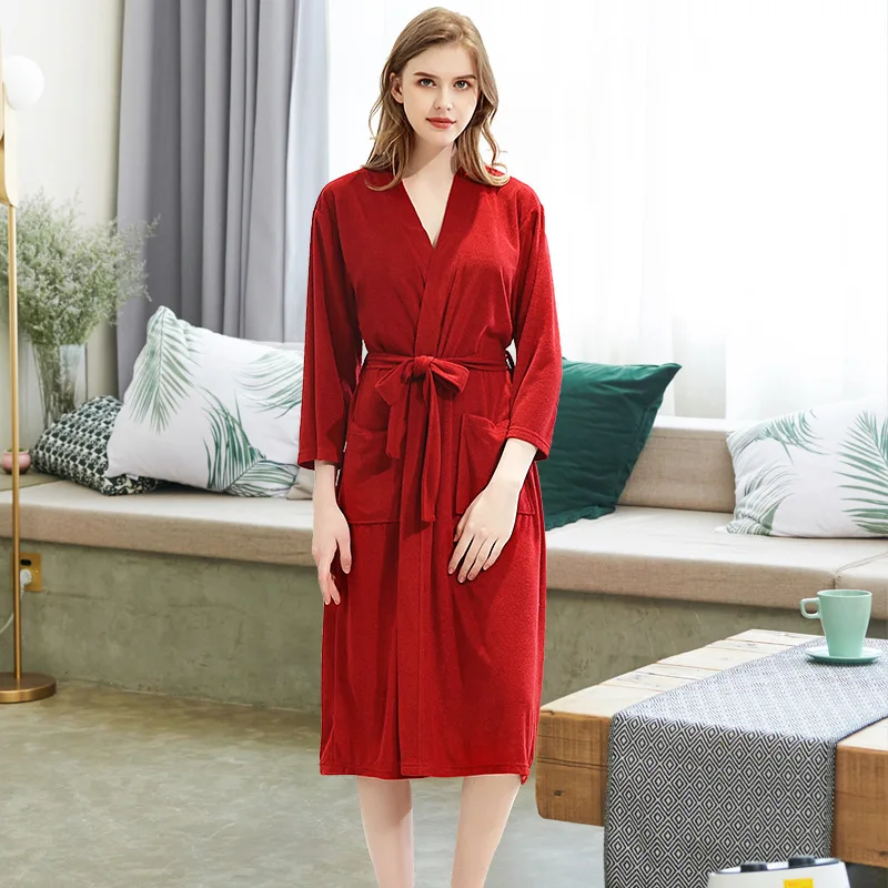 Одежда для сна халат Baju халат для пар Женская однотонная Пижама-кимоно полотенце халат салон красоты плюс размер ночная зима утреннее платье - Цвет: Wine Red Woman