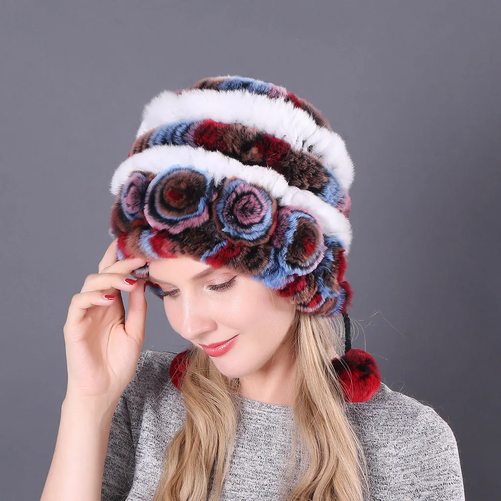 Новейшие женские меховые шапки с кроличьим мехом, женские осенне-зимние теплые шапки с цветочным узором, очаровательные шапки для писсуара, головной убор для девочек, 19Nov08