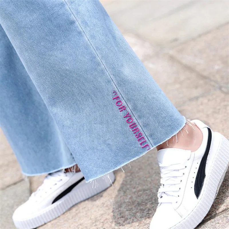Модный уличный женский джинсовый, синие джинсы брюки Femme Pantalon с высокой талией свободные широкие брюки большие размеры 26-32