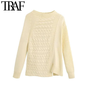 

TRAF Women Fashion Cable-knit Asymmetric Loose Sweater Vintage O Neck Long Sleeve Female Pullovers Chic Tops