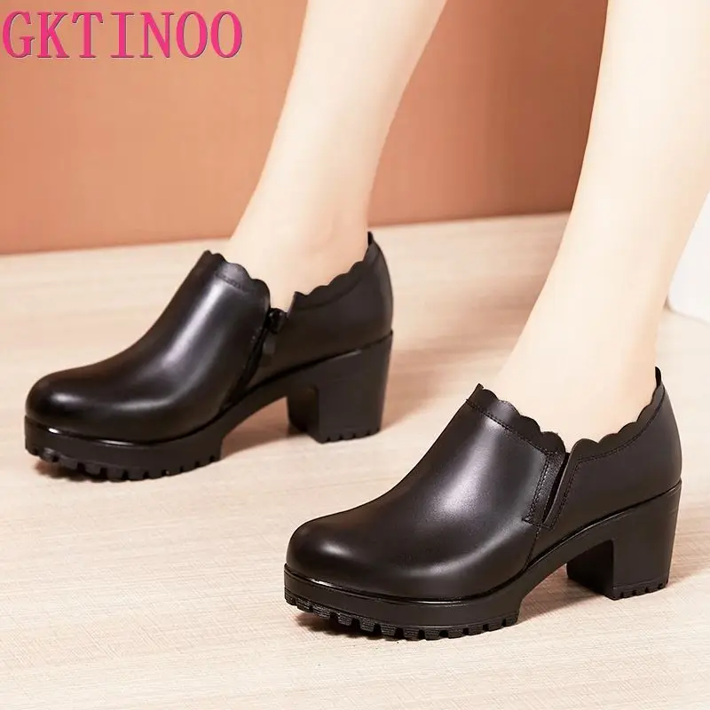 GKTINOO/кожаные туфли Женские туфли-лодочки с круглым носком Sapato feminino Модные черные