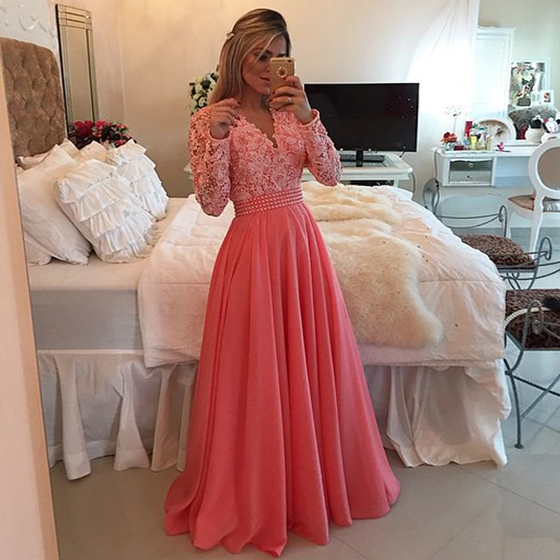 

Actual Image Nice Pretty Chiffon Maxi Lace Long Sleeve Evening Prom gown Robe De Soiree Customized mother of the bride dresses