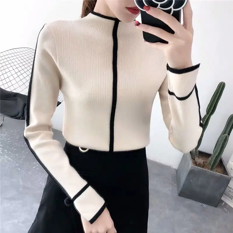 Neploe Pull Femme, контрастные цвета, вязаные пуловеры, длинный рукав, половина водолазки, трикотаж, модные тонкие корейские джемпера 55421
