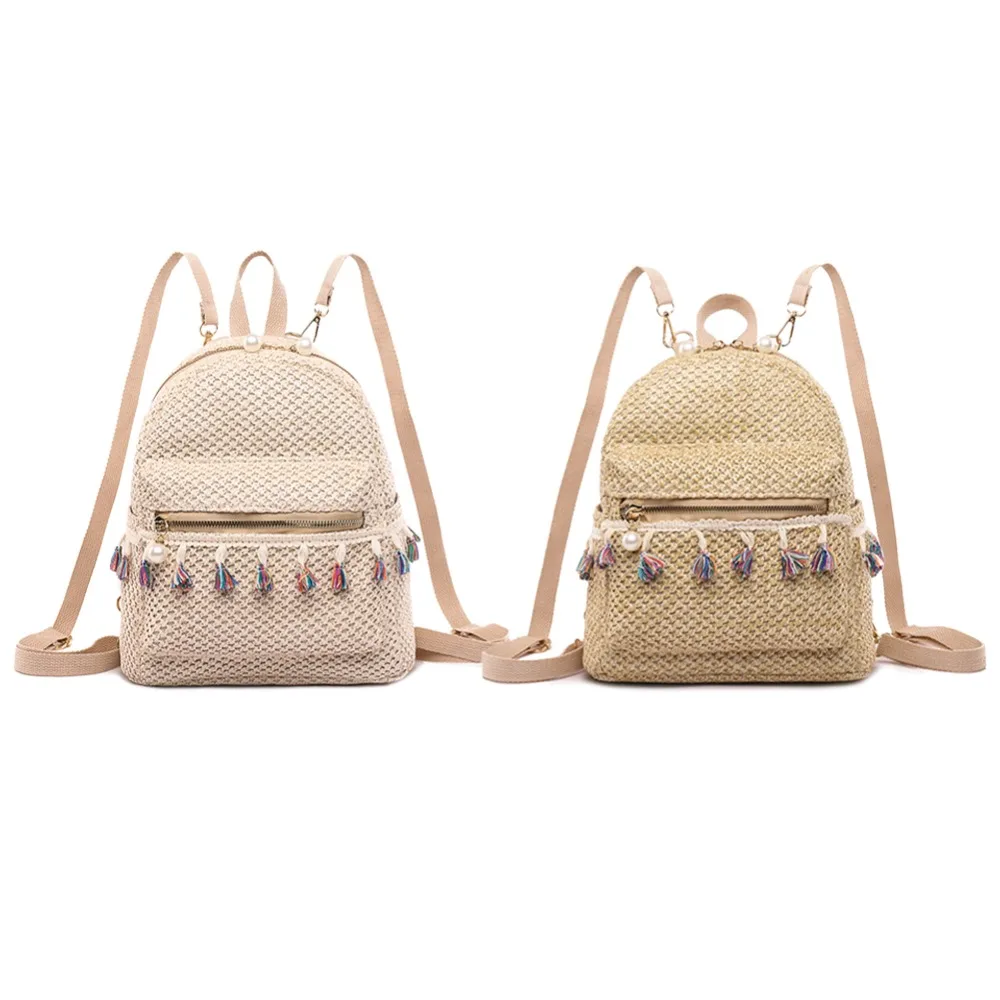 Straw Woven Bag Small Travel Backpacks Women Stripe Print Shoulder School Bags Casual Knitting Knapsack Rucksack Mochila Mujer