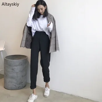 

Pants Women Korean Style Slim Elegant Straight Trendy Zipper Chic 2020 Solid Colour All-match High Ankle-Length Trousers Womens