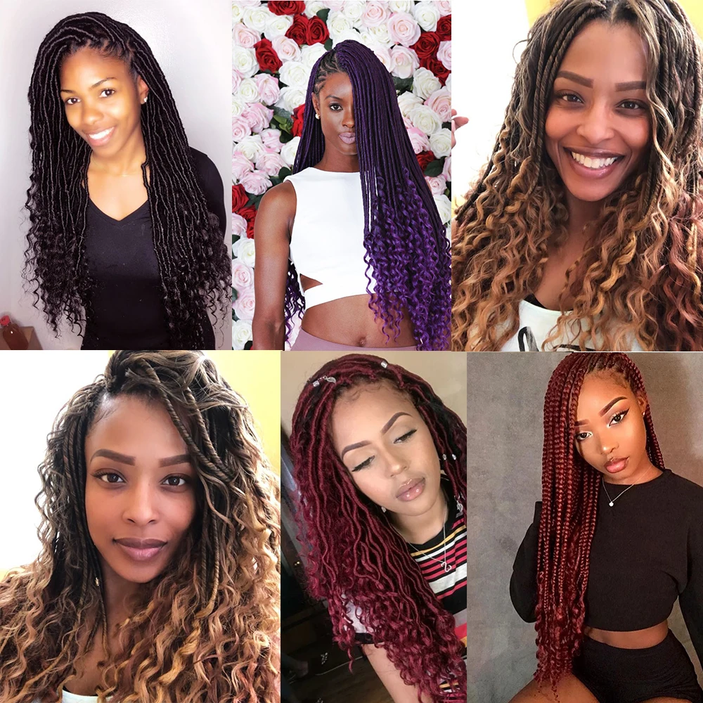 Natifah Goddess Faux locs Curly 18 дюймов Синтетические вязаные дреды волосы для наращивания 20 корней/упаковка кудрявый конец черный красный коричневый