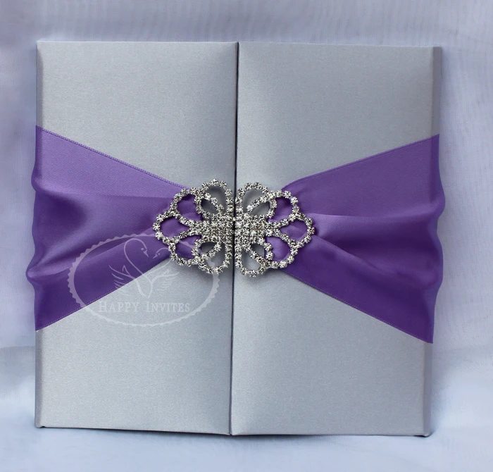 HI2003-88 Custom Silk Folder Invitation with Silver Foiling for Silver&Lilac Wedding More Colors Available Made in China
