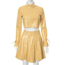 

Women's 2021 Fall New Casual L Zipper Cardigan Solid Color Open Waist Bandage Long Sleeve Leather Dress Short Skirt Set