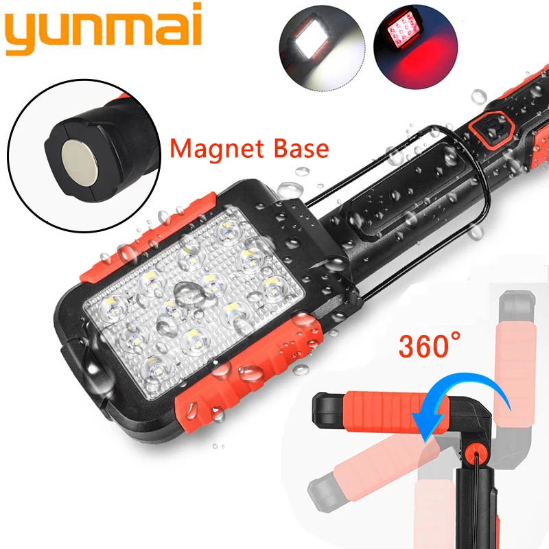 

NEW Portable LED Work Light Magnetic Flashlight USB Rechargeable Repair Work Lamp 13*SMD Red Light Torch Hanging Hook Torch