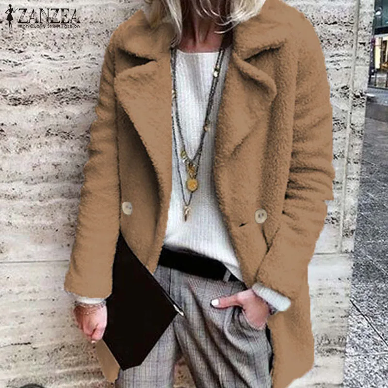 Модные пушистые пальто женские куртки ZANZEA Осенняя верхняя одежда с отворотом и длинным рукавом размера плюс верхняя одежда ветровки на одной пуговице