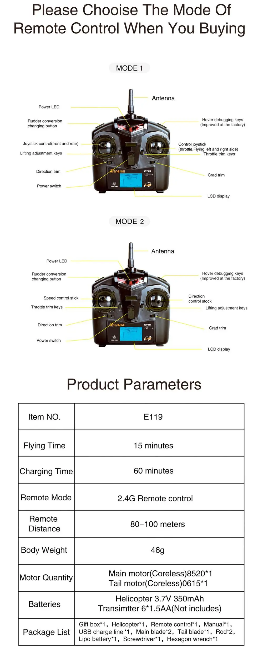 Eachine E119 2,4G 4CH 6-осевой 4CH безостовый вертолет на дистанционном управленим RTF дополнительный режим правой и левой руки дроссельной заслонки