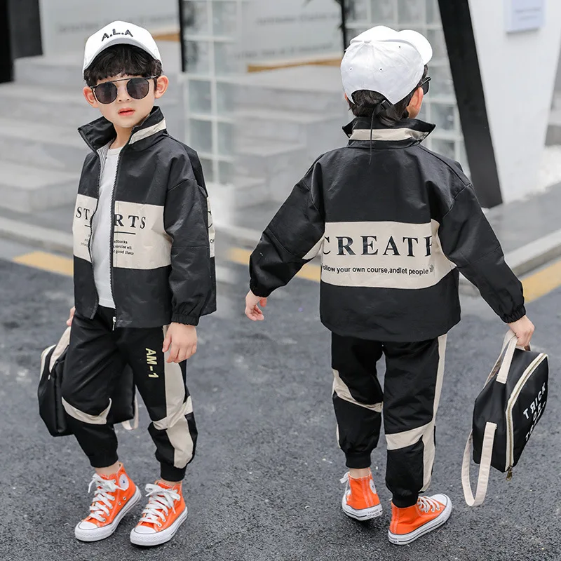 

Children Leisure Suit 2020 Spring And Autumn New Style Big Boy BOY'S High Collar Printed Letter Mixed Colors Two-Piece Set Fashi