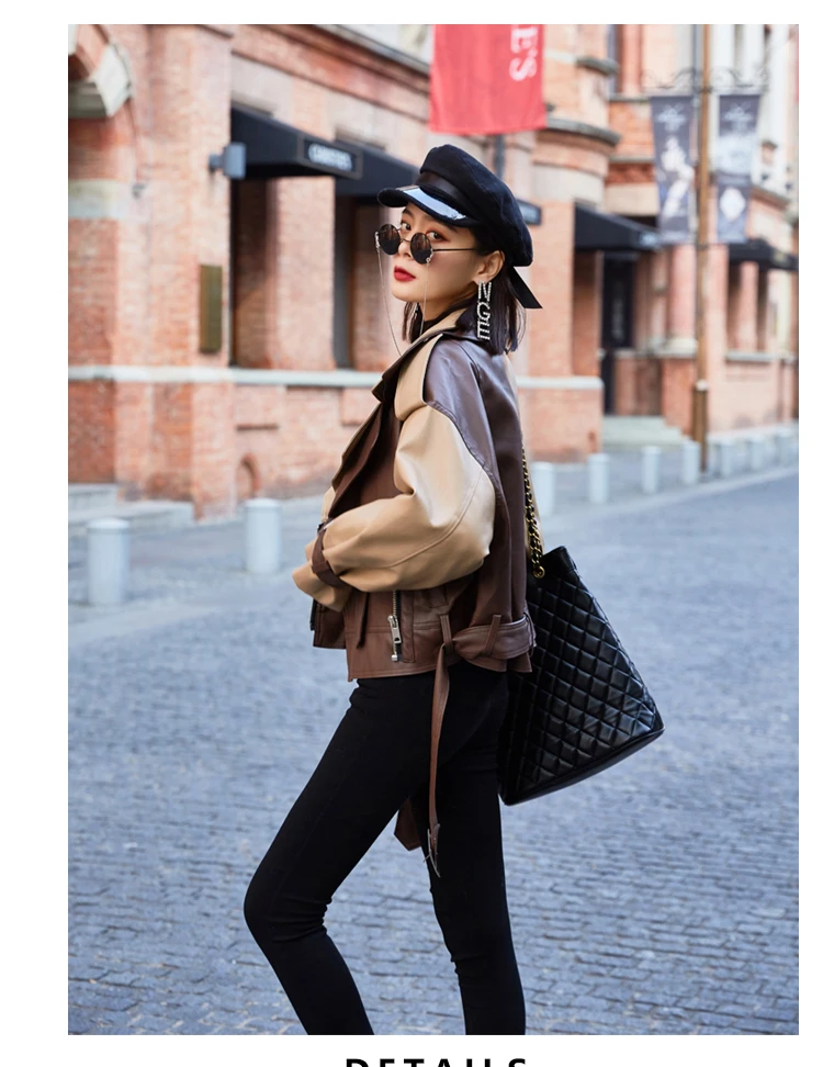 DBYCOOL Pu Leather Jacket Women New Short Motorcycle Jacket Loose High Waist Color Block Fashion Biker Coat Female 45413215
