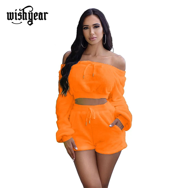 

Wishyear Autum/ Winter Woollen Two Piece Set Women Solid Off Shoulder Lace Up Crop Top +Pockets Shorts Casual Fleece Tracksuit