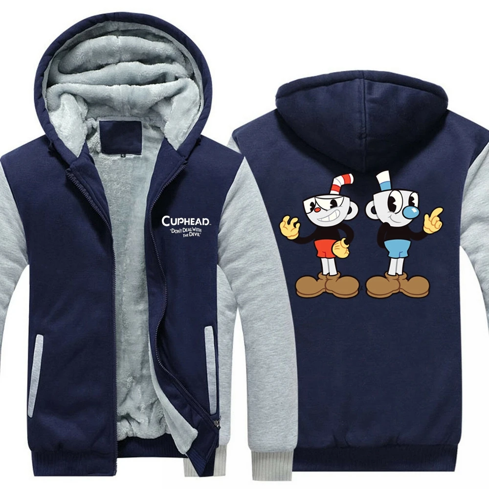6 стилей синяя игра Cuphead Mugman Толстовка Зимняя Повседневная супер теплая куртка утолщенная молния с капюшоном повседневные толстовки