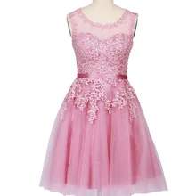 A-Line совок шеи длиной до колена шифоновое платье для встречи выпускников с аппликациями