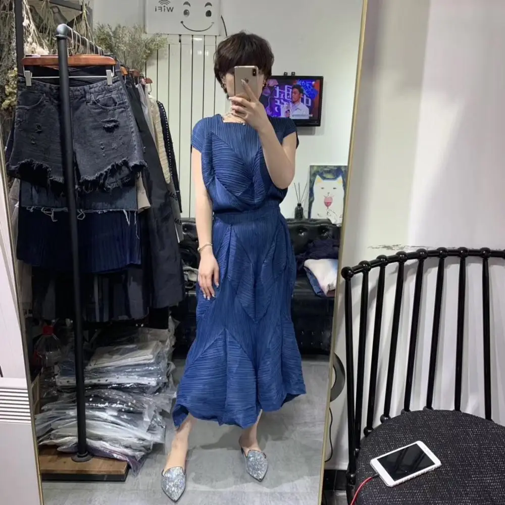ISSEY французский цветочный плиссированный женский короткий рукав плиссированная эластичная рубашка