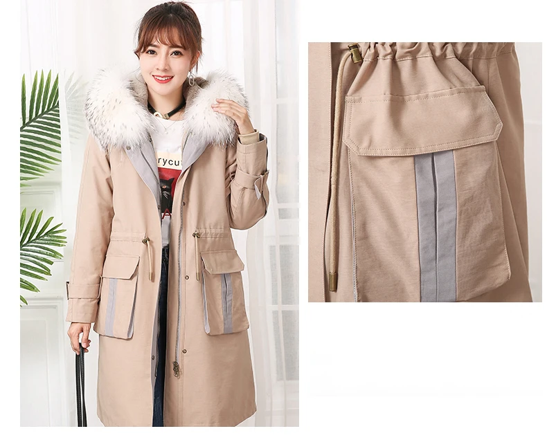 Fur Parkas Safari Style Plus Size Real Fox Fur Drawstring Waist Hooded Rabbit Fur Lining Long Coat Women Winter Color Block Coat