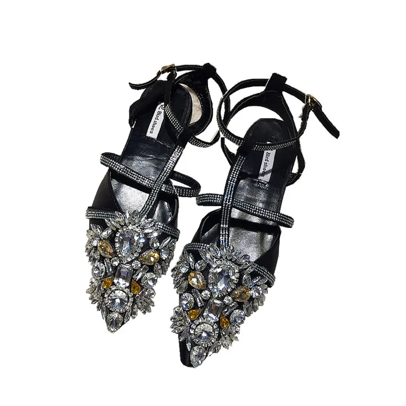 

Summer Female Hot Drill Rhinestone Crystal Shoes Pointed Toe Buckle Flat Sandals Casual Princess Bling Sandals
