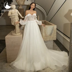 Aedmgh Sexy Strapless Puff Sleeve Wedding Dresses 2021 Romantic Appliques 3D Flowers Backless A-Line  Court Train Robe De Mariee
