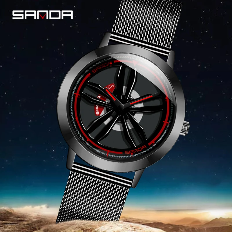 SANDA Special Wheel Model Rotating Dial Quartz Wristwatch Quality Hook Buckle Steel Mesh Belt Fashion Business Men Watch 1009