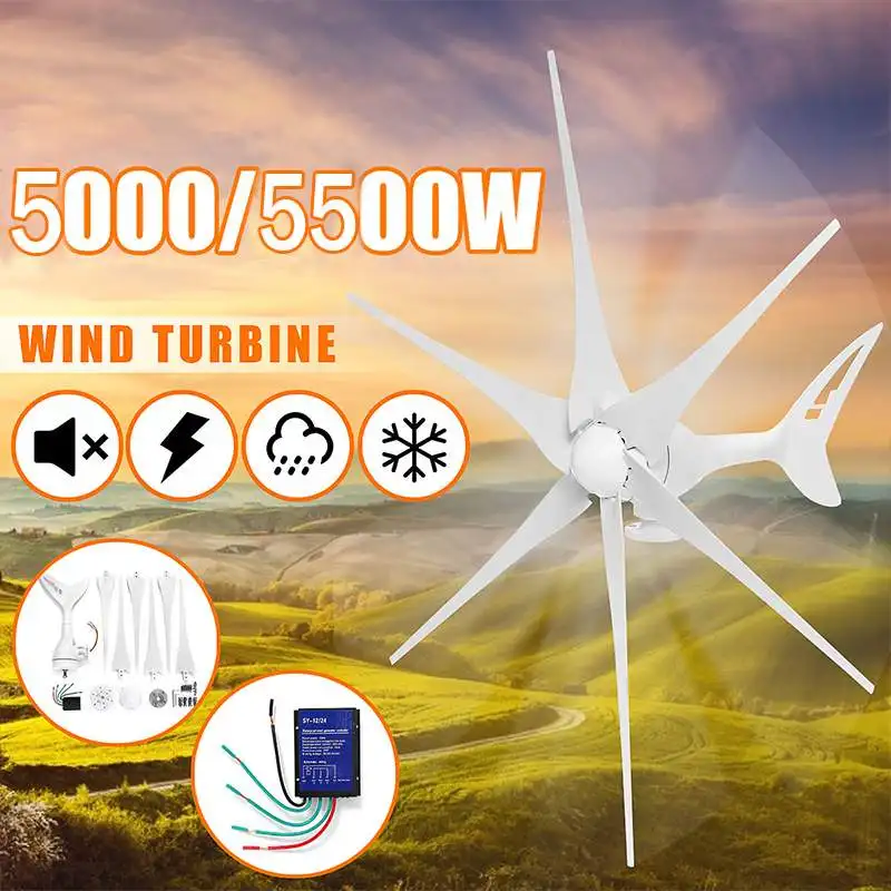 

5500W Wind Generator 12V/24V+Controller 3/6 Blade Black Wind Turbines Horizontal Home Powers Windmill Energy Turbines Charge