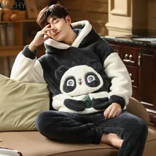 Warm Fleece Pajamas Winter Men Thick Hood Flannel 2021 New Female Pajama Set Flannel Cartoon Velvet Men Nightwear