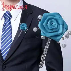 Павлинья синяя лента свадебные цветы бутоньерка ручной работы жемчужная свадебная брошь для жениха на пуговице для свадебных аксессуаров
