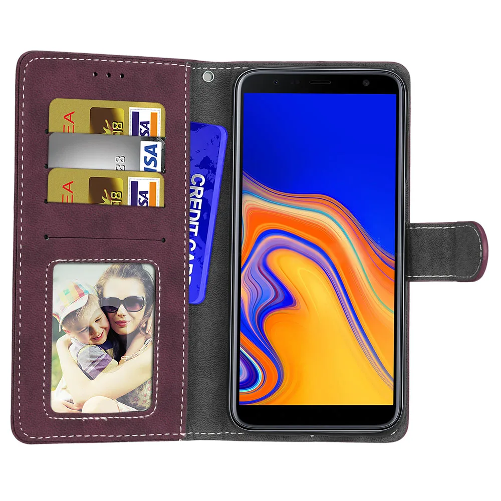 20 шт./лот винтажный скраб 3 карты оболочки новейший чехол для samsung Galaxy J4 plus J6 plus Флип кожаный чехол