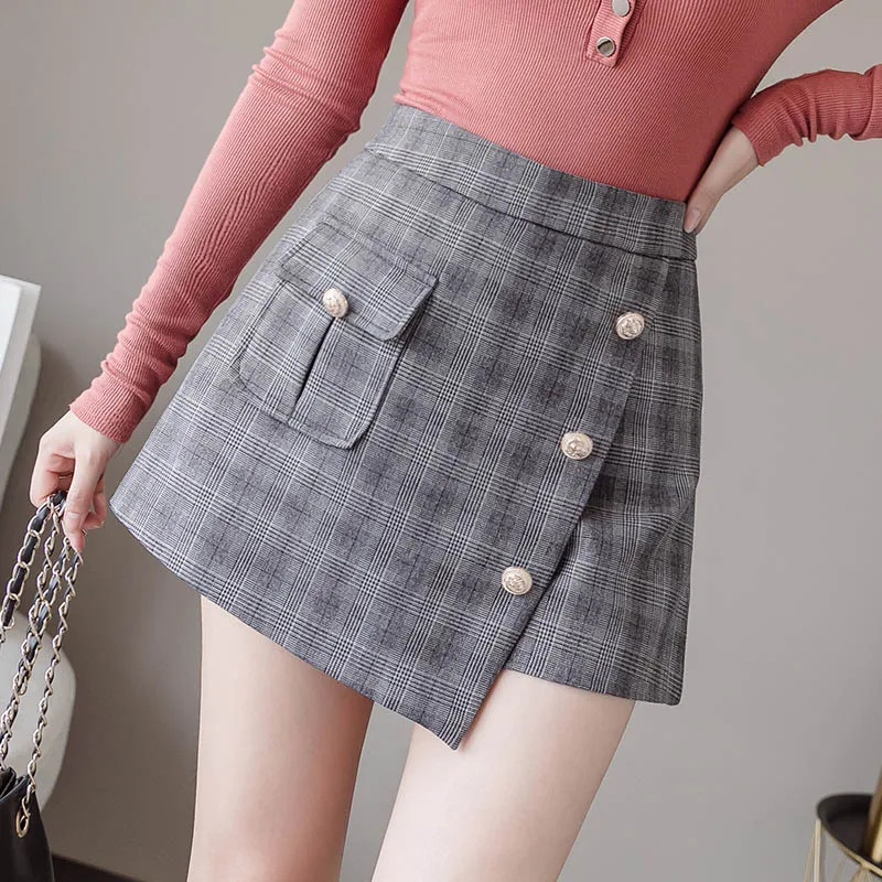 deep grey plaid Асимметричные клетчатые короткие брюки женские с высокой талией тонкие мини юбки шорты элегантные офисные женские шорты на пуговицах новые осенние - Цвет: deep grey plaid